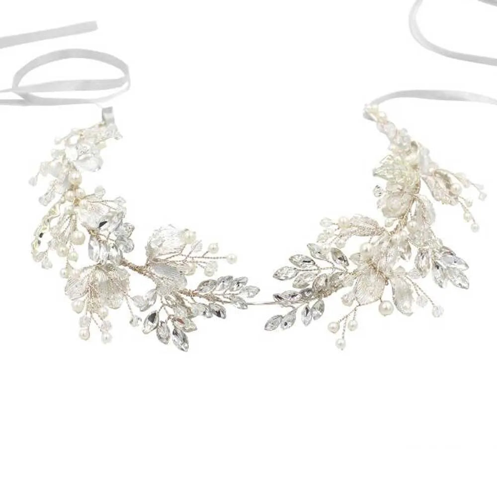 Women Silver Leaf Rhinestones Heabdand Wedding Hair Jewelry Bridal Hair Accessories for Bride Women