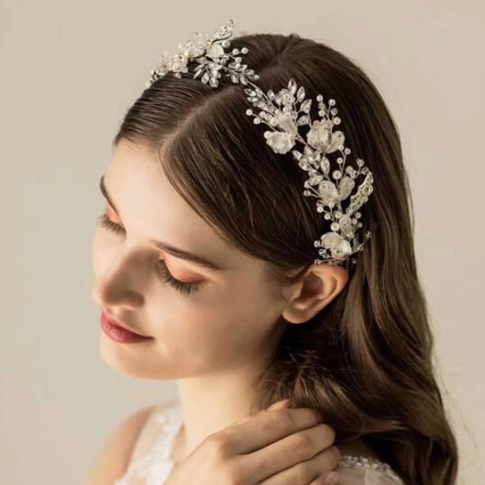 Women Silver Leaf Rhinestones Heabdand Wedding Hair Jewelry Bridal Hair Accessories for Bride Women