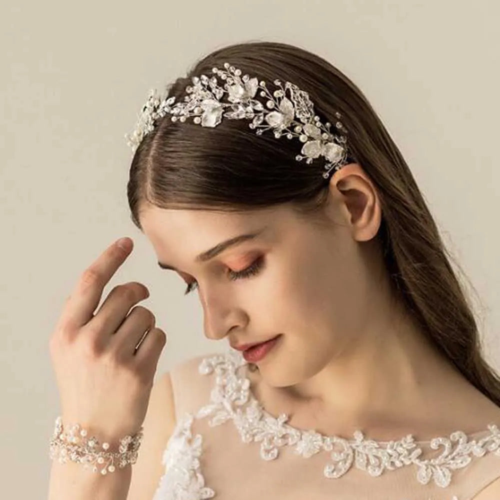 Women Silver Leaf Rhinestones Heabdand Wedding Hair Jewelry Bridal Hair Accessories for Bride Women
