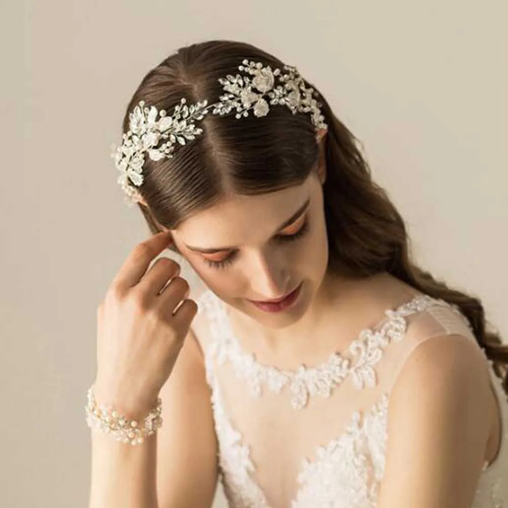Women Silver Leaf Rhinestones Heabdand Wedding Hair Jewelry Bridal Hair Accessories for Bride Women
