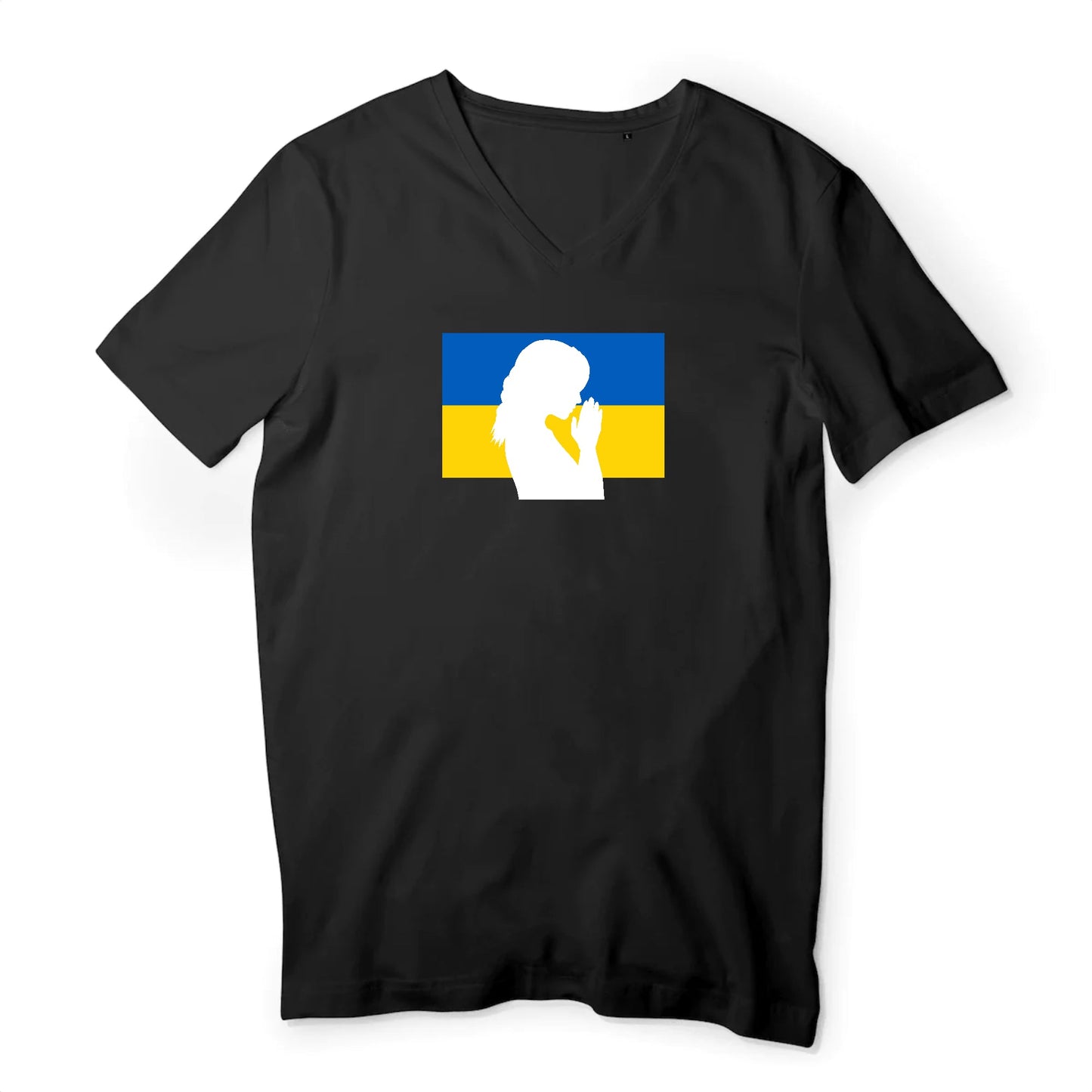 T shirt homme col V Ukraine Silhouette de Femme en Prière
