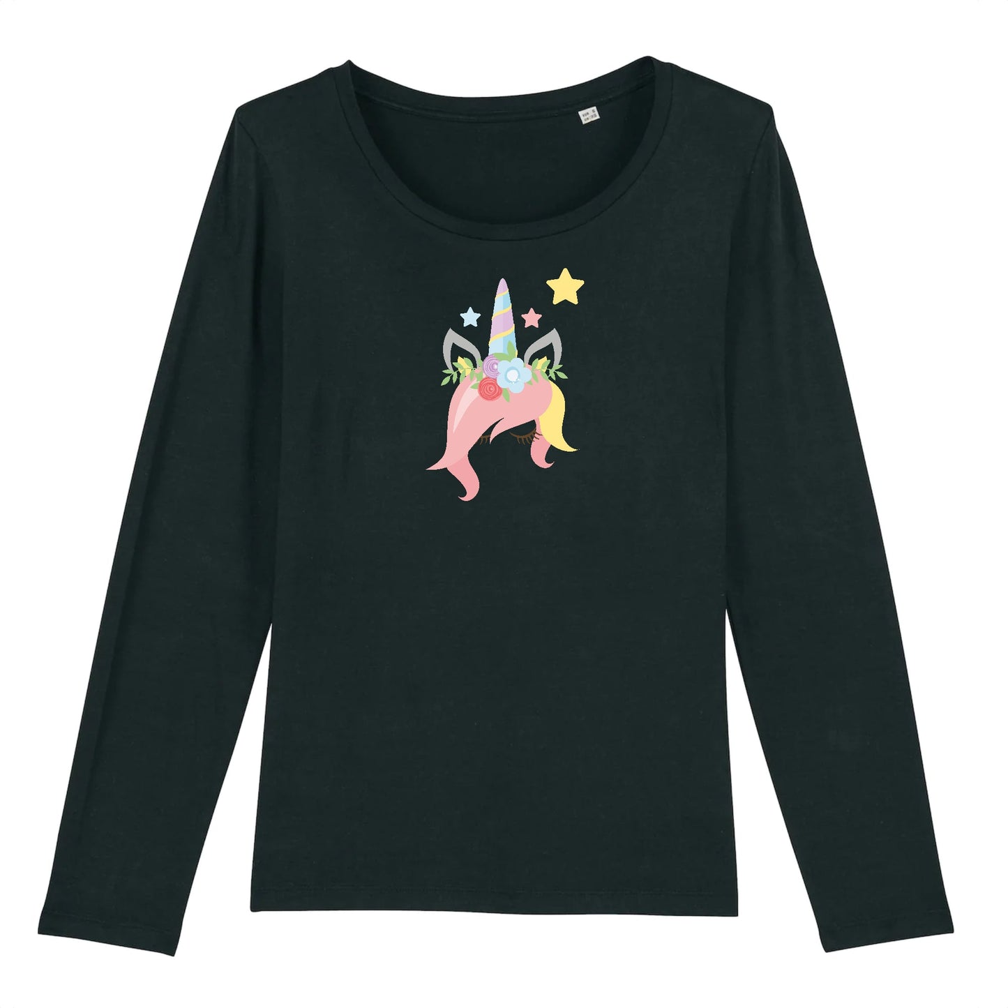 T shirt Manches longues Femme Licorne avec des fleurs sur la tête