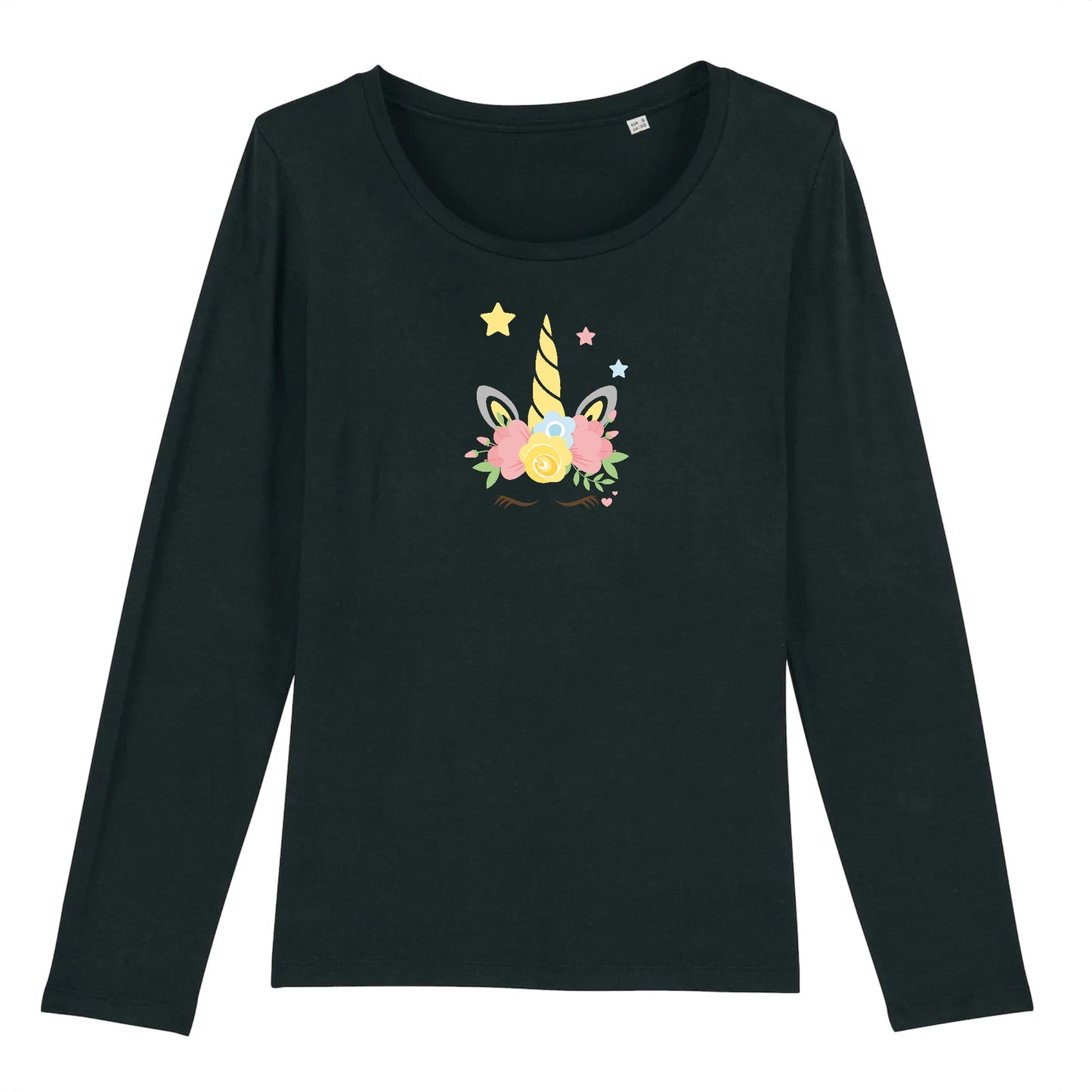 T shirt Manches longues Femme Licorne couronne fleurs