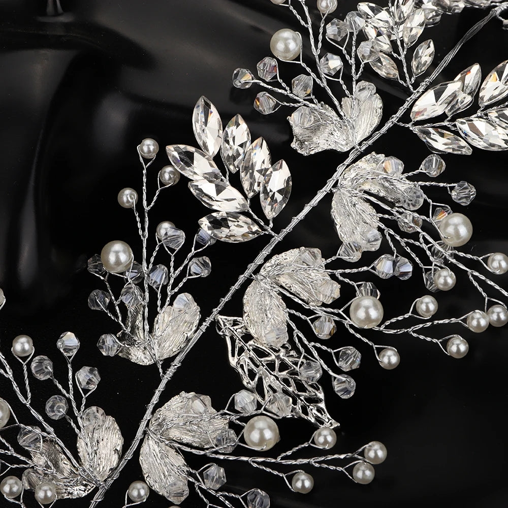 Women Silver Leaf Rhinestones Heabdand Wedding Hair Jewelry Bridal Hair Accessories for Bride Women