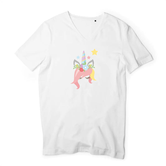 T shirt homme col V Licorne avec des fleurs sur la tête