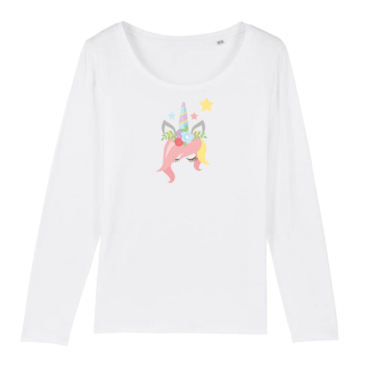 T shirt Manches longues Femme Licorne avec des fleurs sur la tête