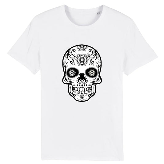 T shirt tete de mort mexicaine blanc noir