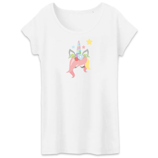 T shirt Femme Licorne avec des fleurs sur la tête