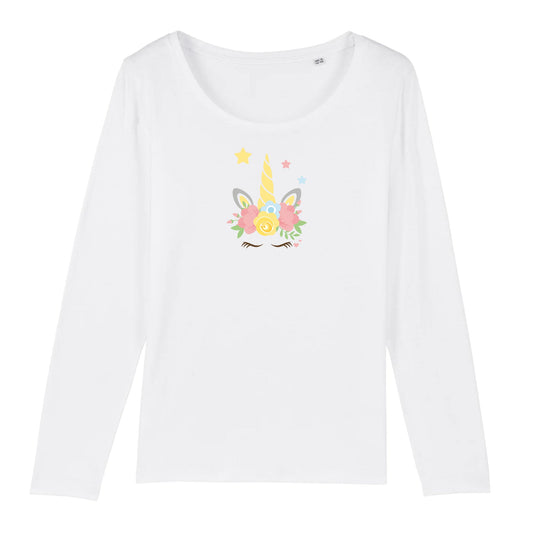 T shirt Manches longues Femme Licorne couronne fleurs